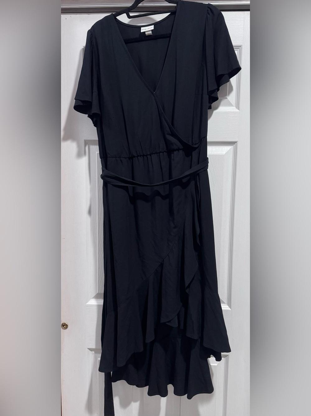 Ava & Viv Black Wrap Ruffle Hem Midi Dress